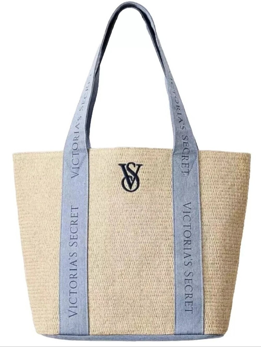 Victoria's Secret Beige Straw Tote with Light Blue Straps - Picture 1 of 4